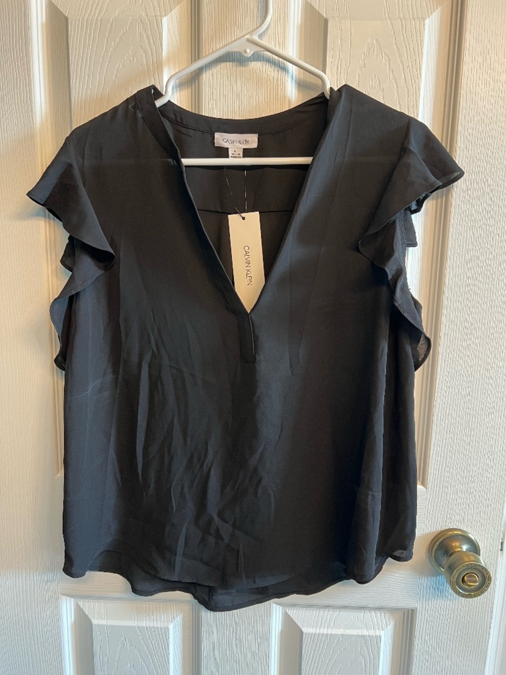 Calvin Klein Ruffle Sleeve V-Neck Blouse Size Large